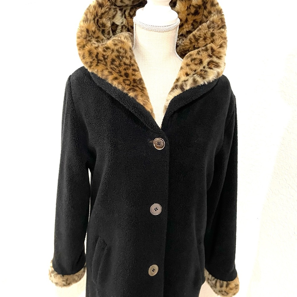 Nils Apres Ski Black Fleece Coat W/ Leopard Trim Vintage 1980's - Early 1990's